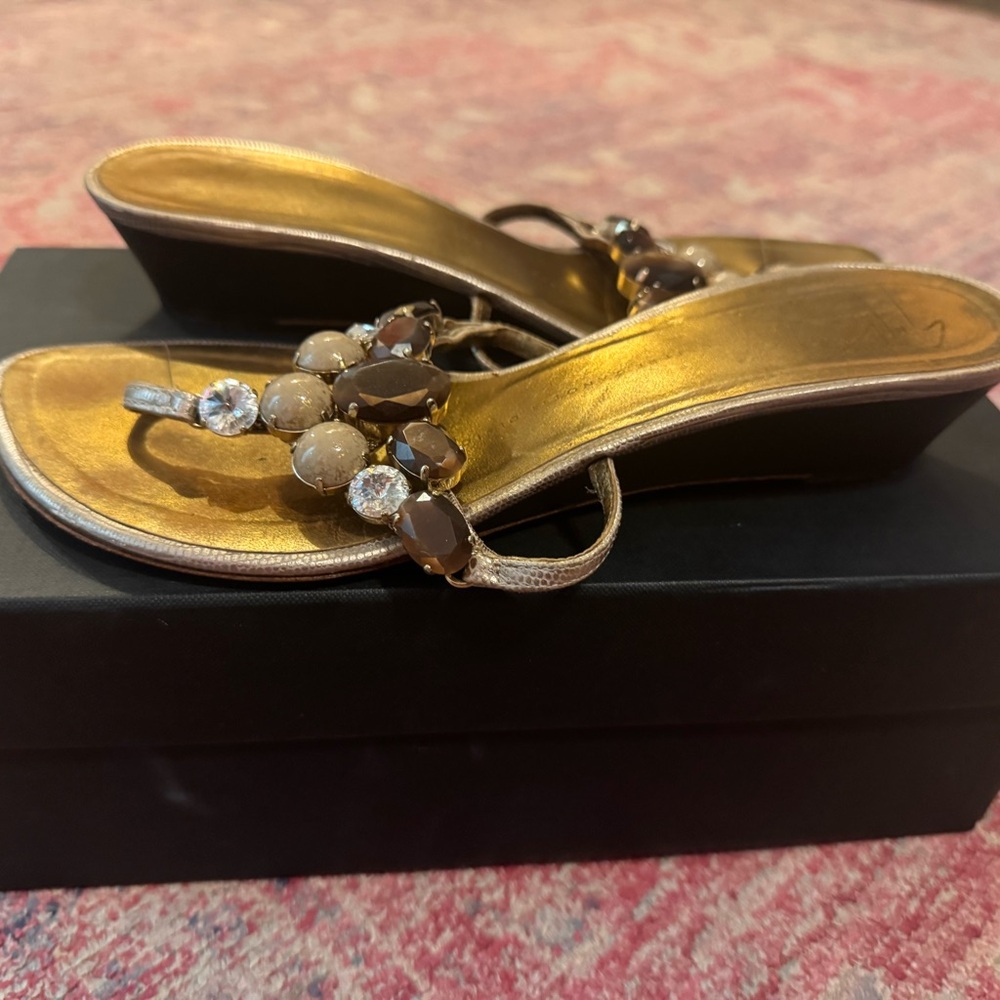 Giuseppe Zanetti Gold and Brown Sandals with Beaded Embellishments